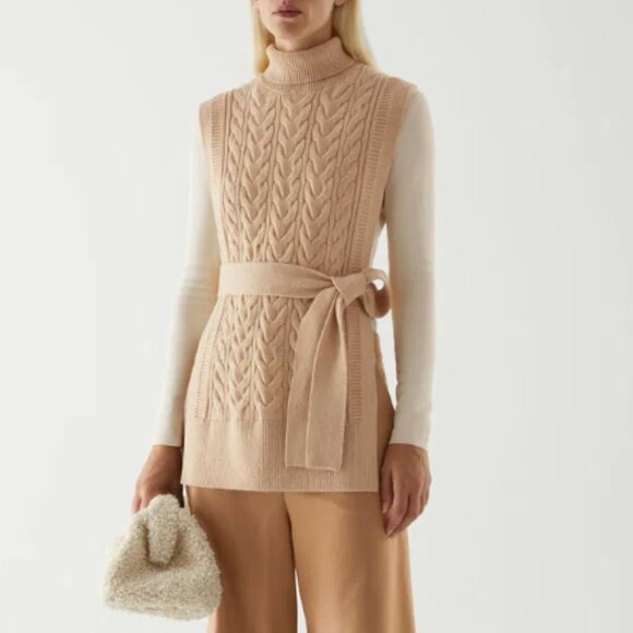 NWOT COS Cable Knit Wool Roll-Neck Turtleneck Belted Vest Camel Brown - Picture 1 of 11